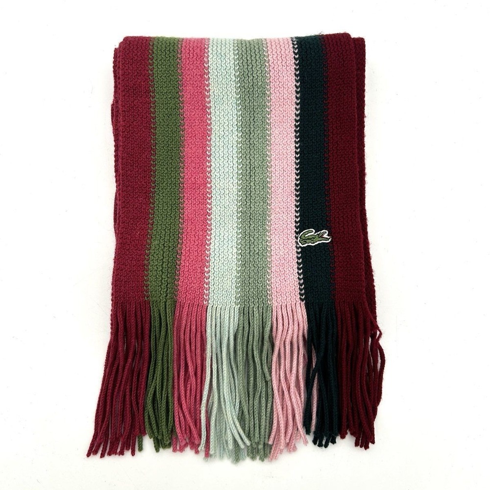 Y2K Lacoste 100% Wool Striped Fringe Scarf Burgundy Pink Green Made in Italy 75"